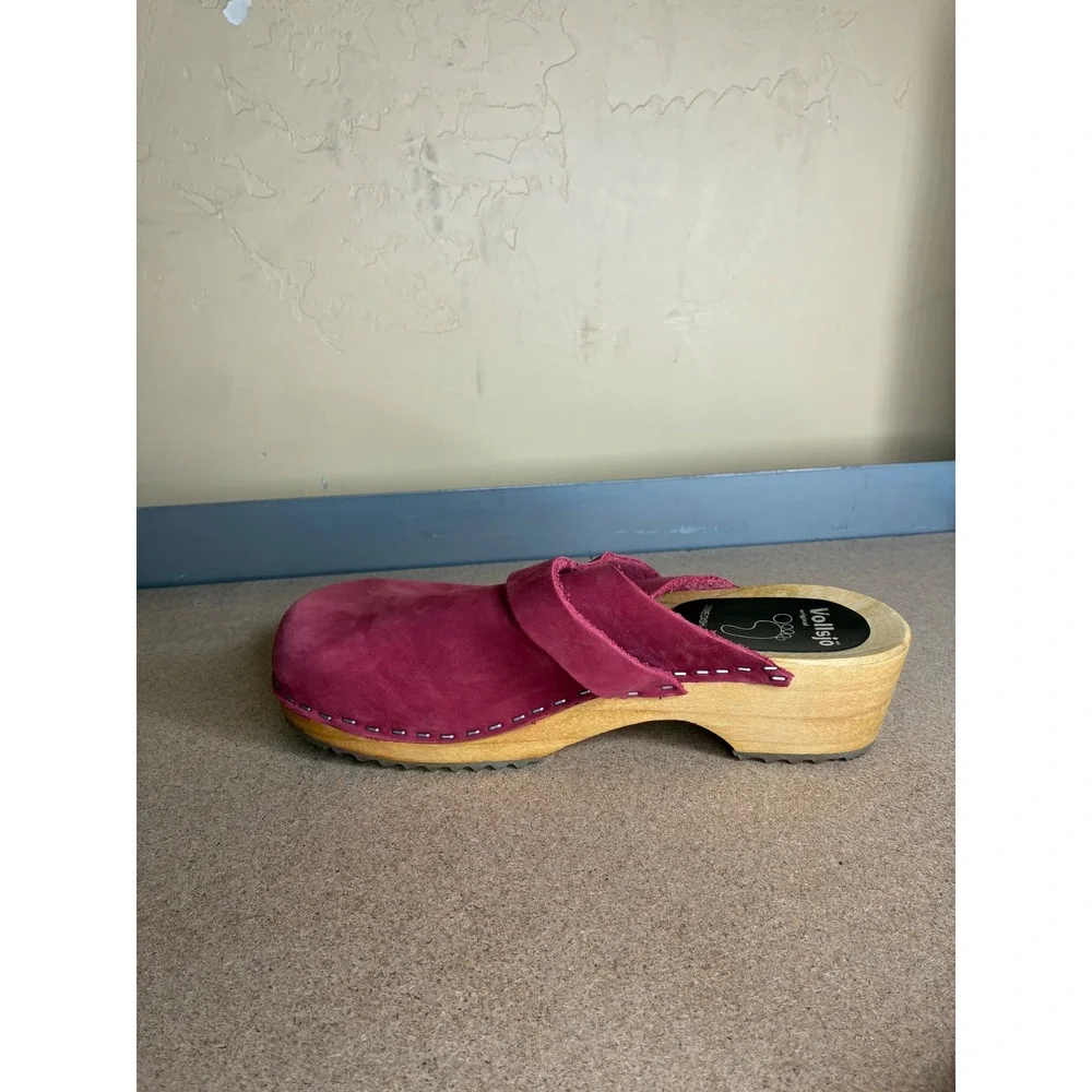 Vollsjo Swedish Design Magenta Pink Nubuck Leather Wooden Clogs Mules Size 38 - Picture 4 of 11